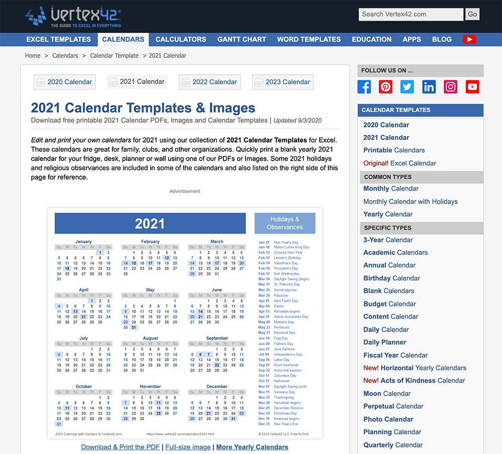 Vertex42 Printable Calendar