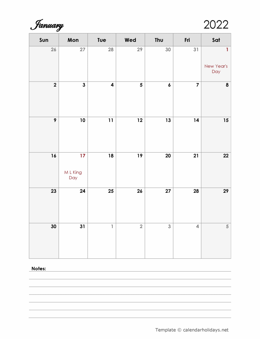 2022 Monthly Template CalendarHolidays