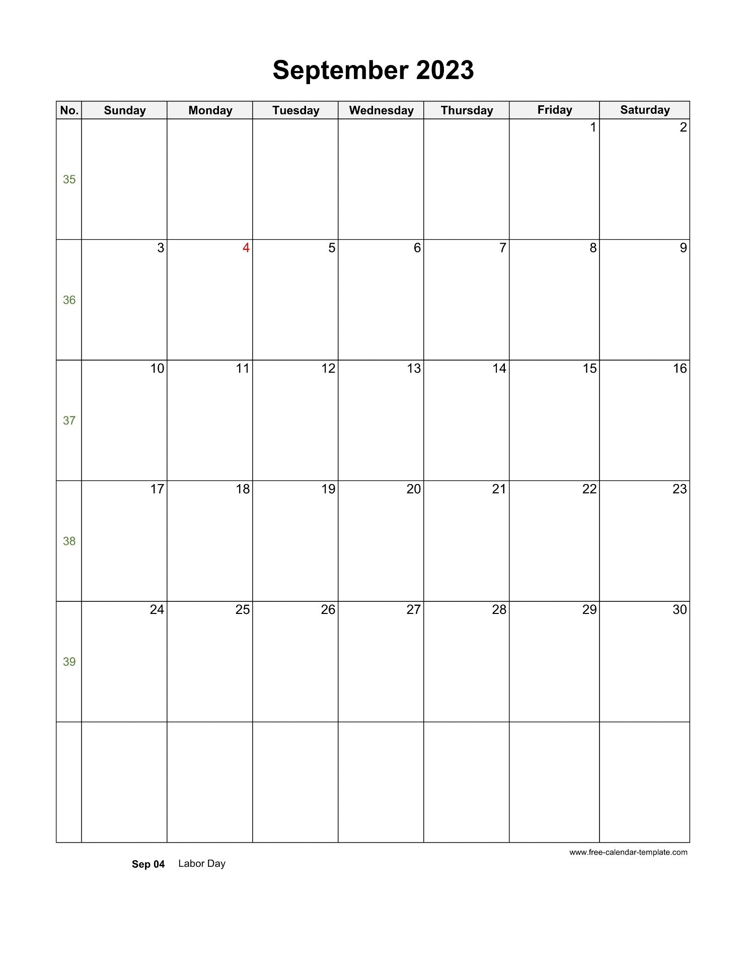September Month Calendar Printable