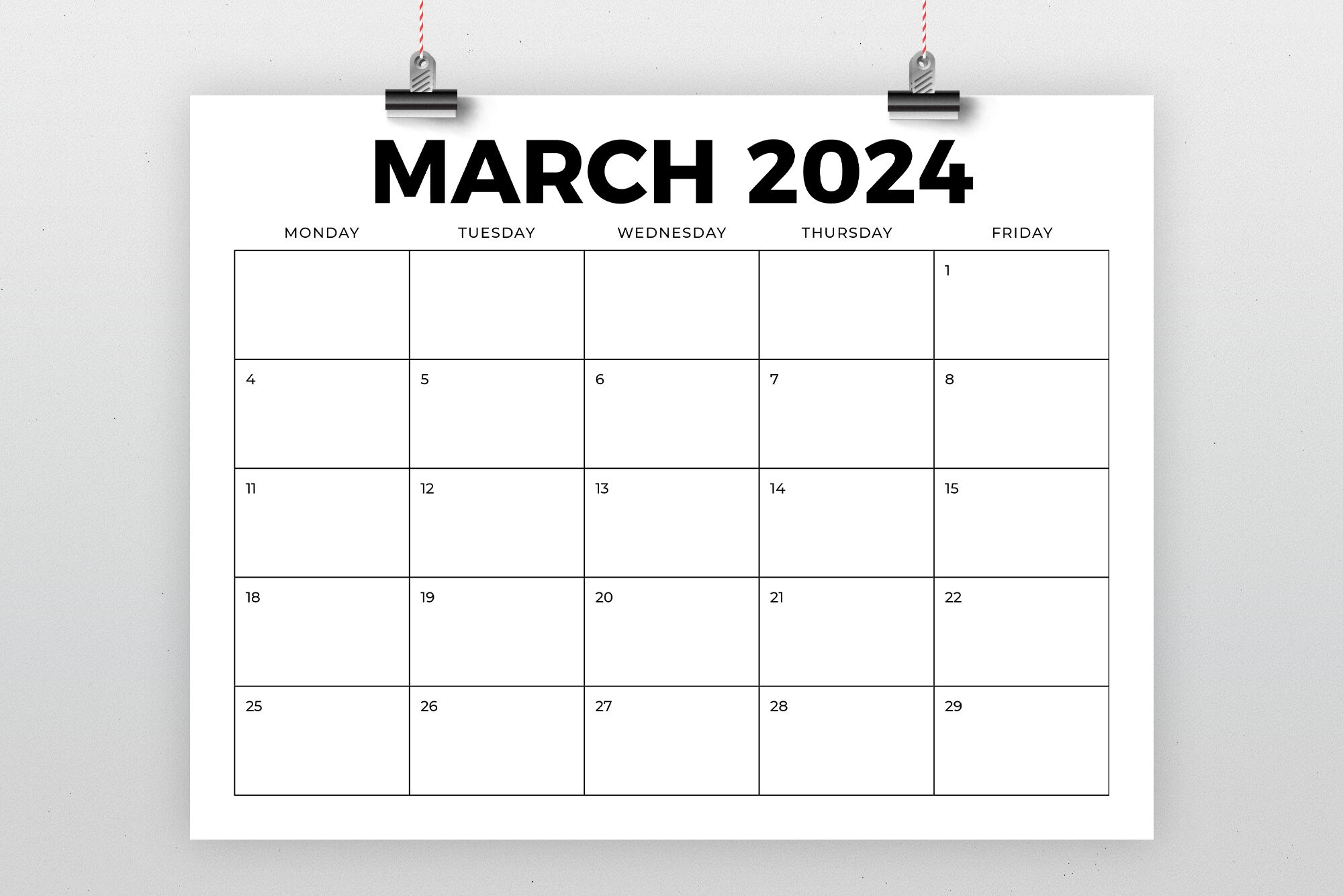 Monday Through Friday Calendar Printable
