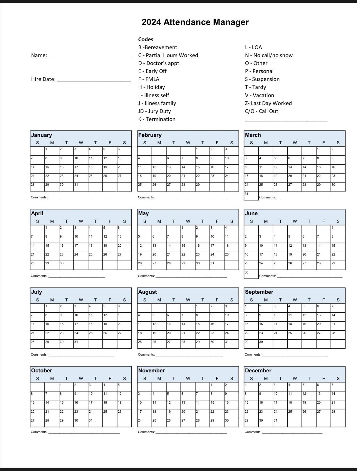 Free Printable 2025 Employee Attendance Calendar