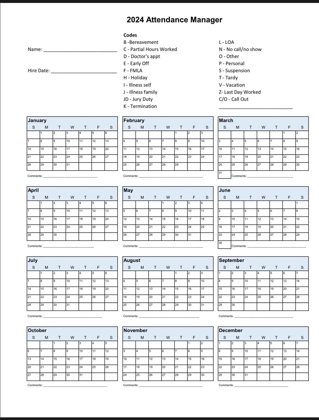 Free Printable 2025 Employee Attendance Calendar Pdf