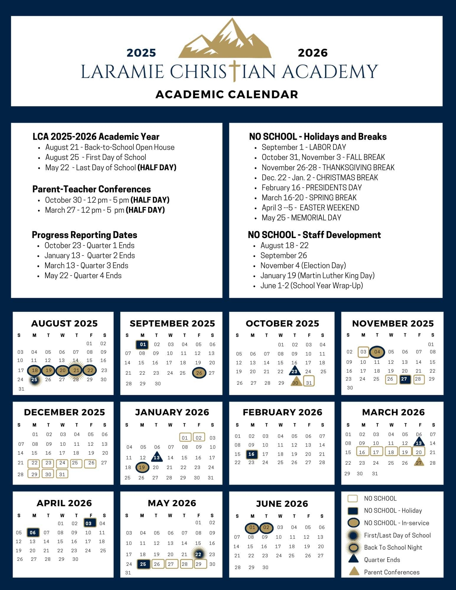 2025 2026 Calendar LARAMIE CHRISTIAN ACADEMY
