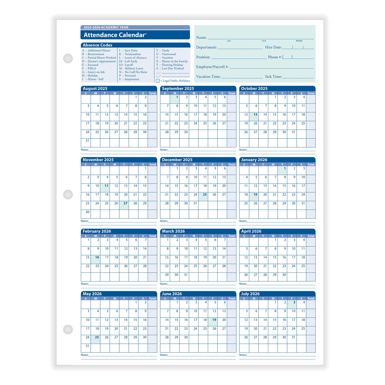 2025 26 Academic Year Attendance Calendar Yearly Calendar HRdirect