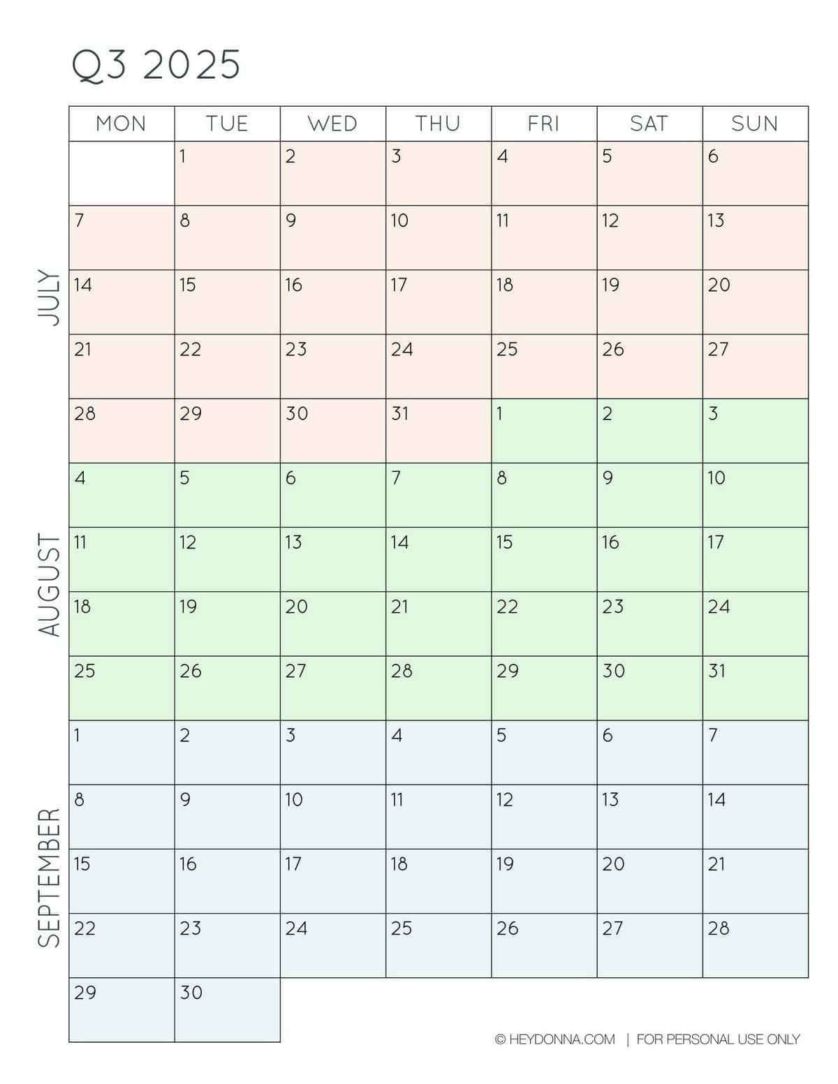 2025 Calendar Printable Quarterly