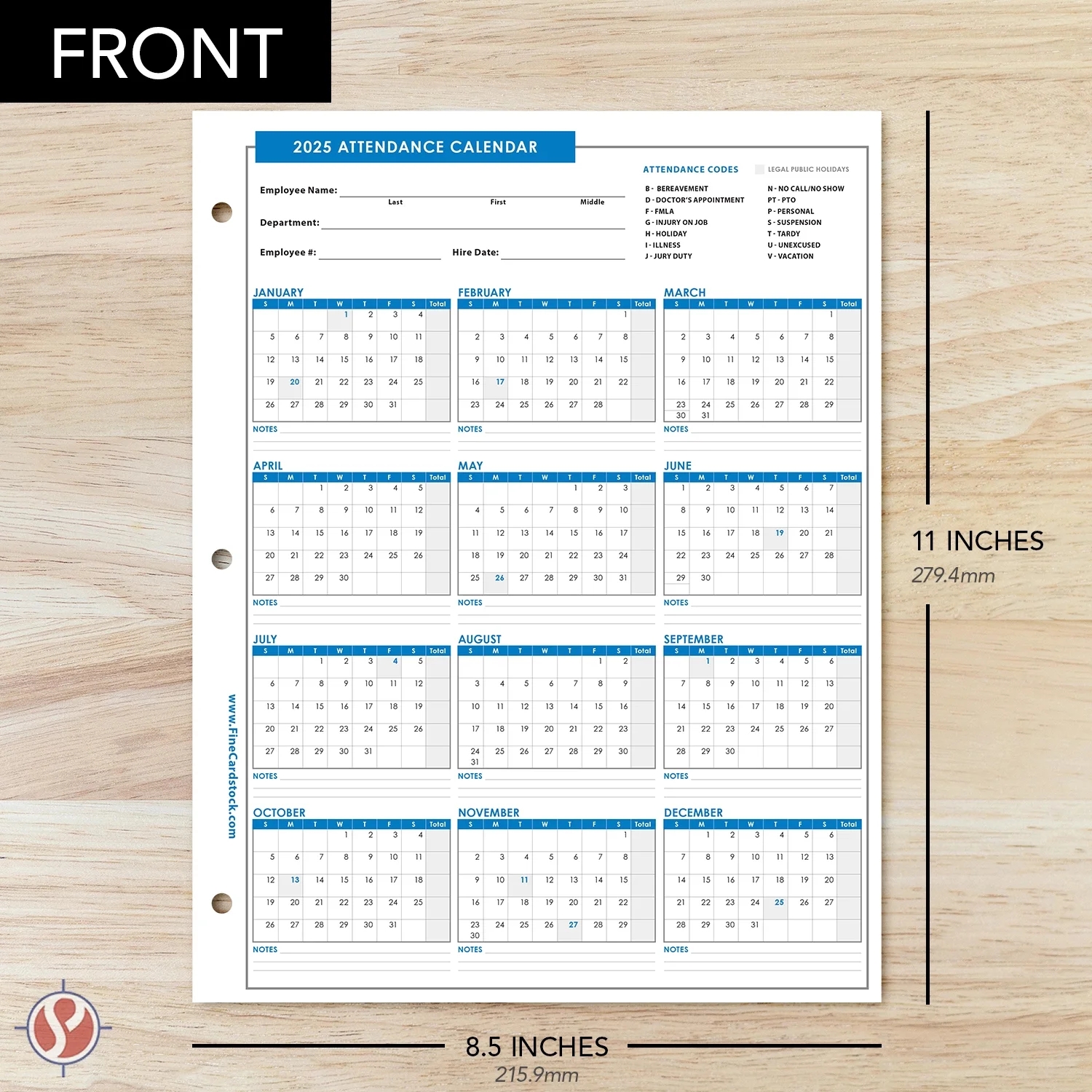 2025 Attendance Calendar Card Stock Paper Employee Work Tracker 80lb Durable 8 5X11 25 Sheets Pack Walmart