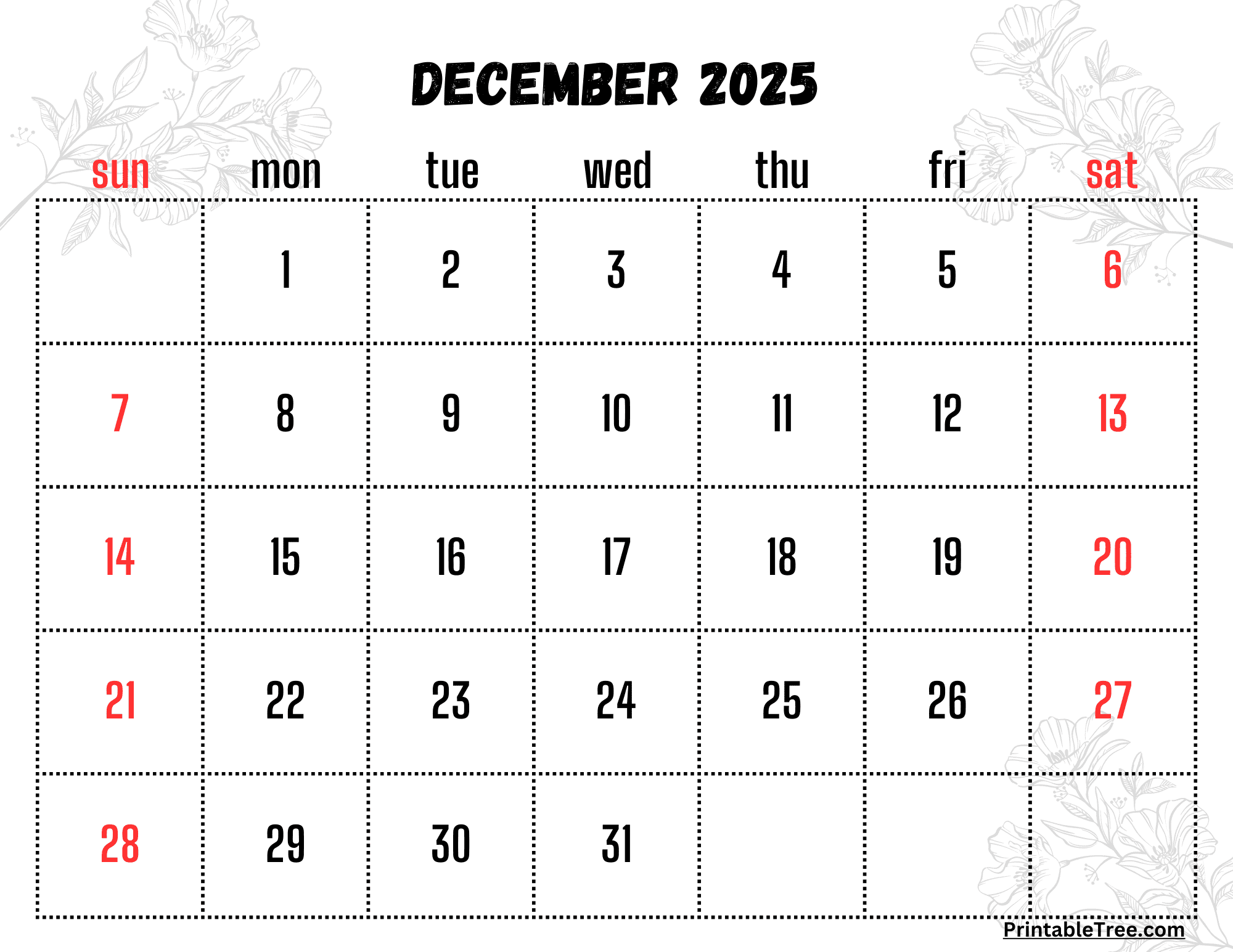 December 2025 Weekly Calendar Printable