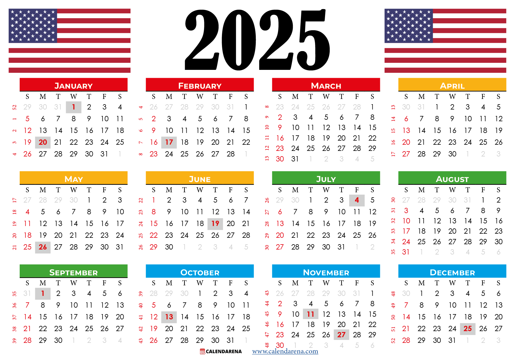 Calendar For Year 2025 United States Printable