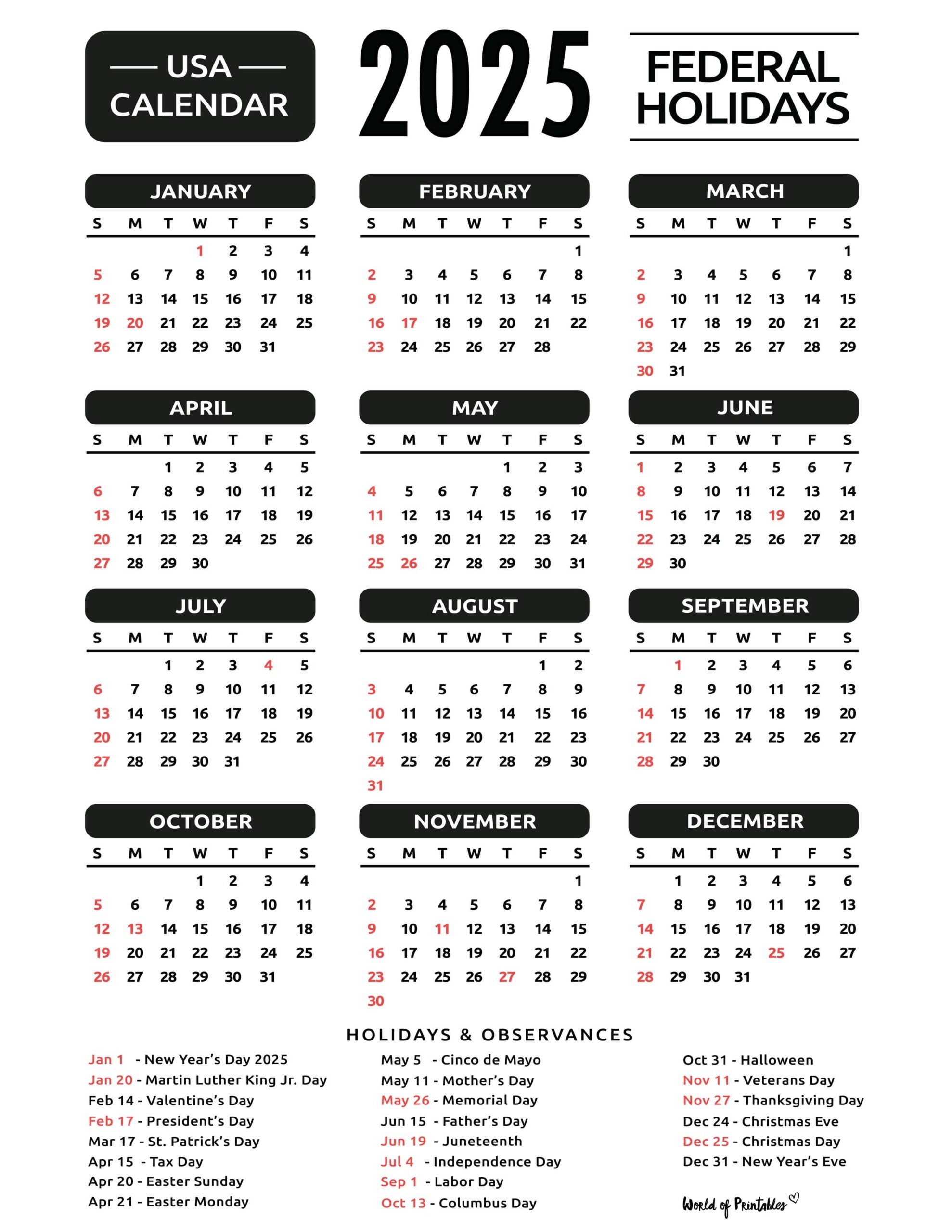 Federal Holidays Free Printable 2025 Calendar With Holidays