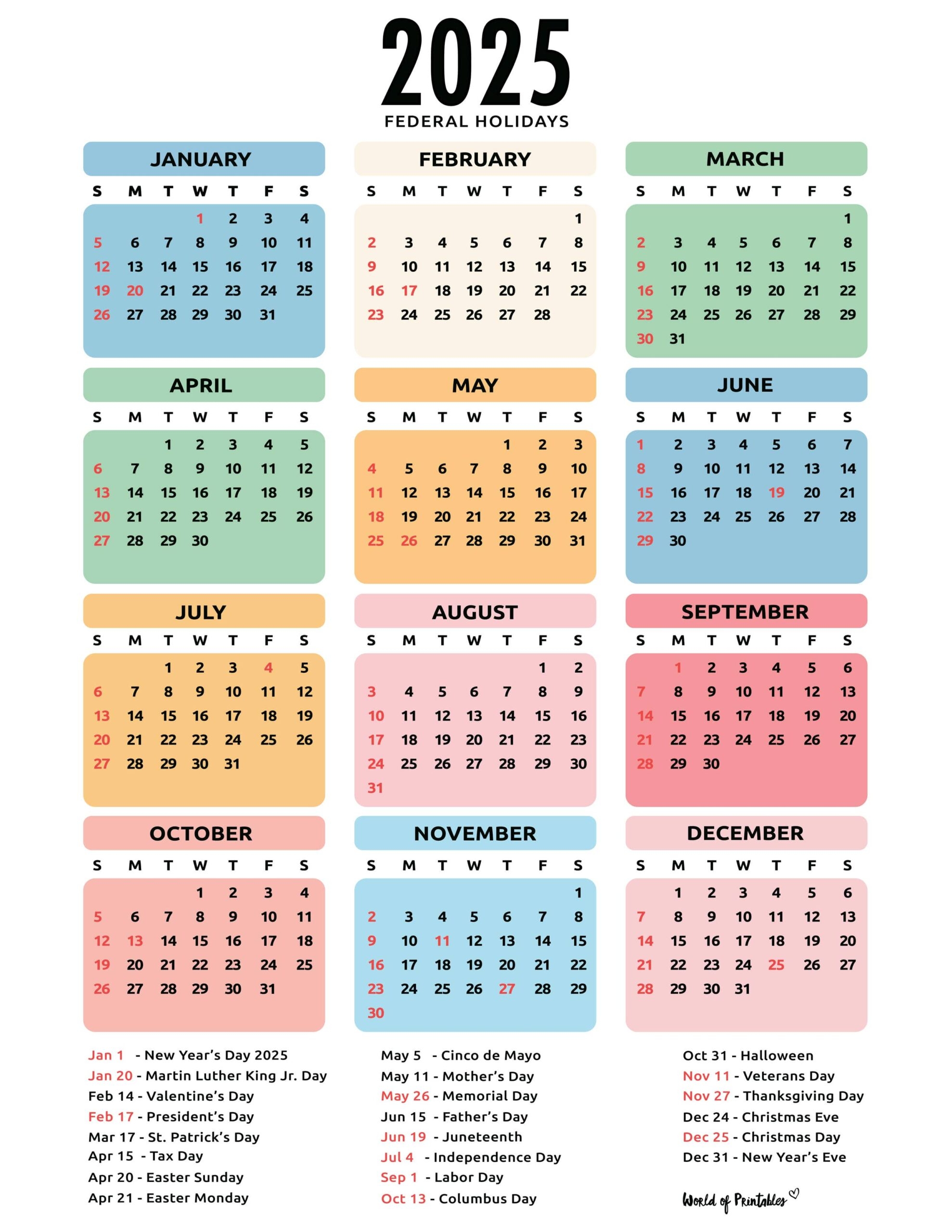 Printable Calendar 2025 With Holidays Vertical Holidays