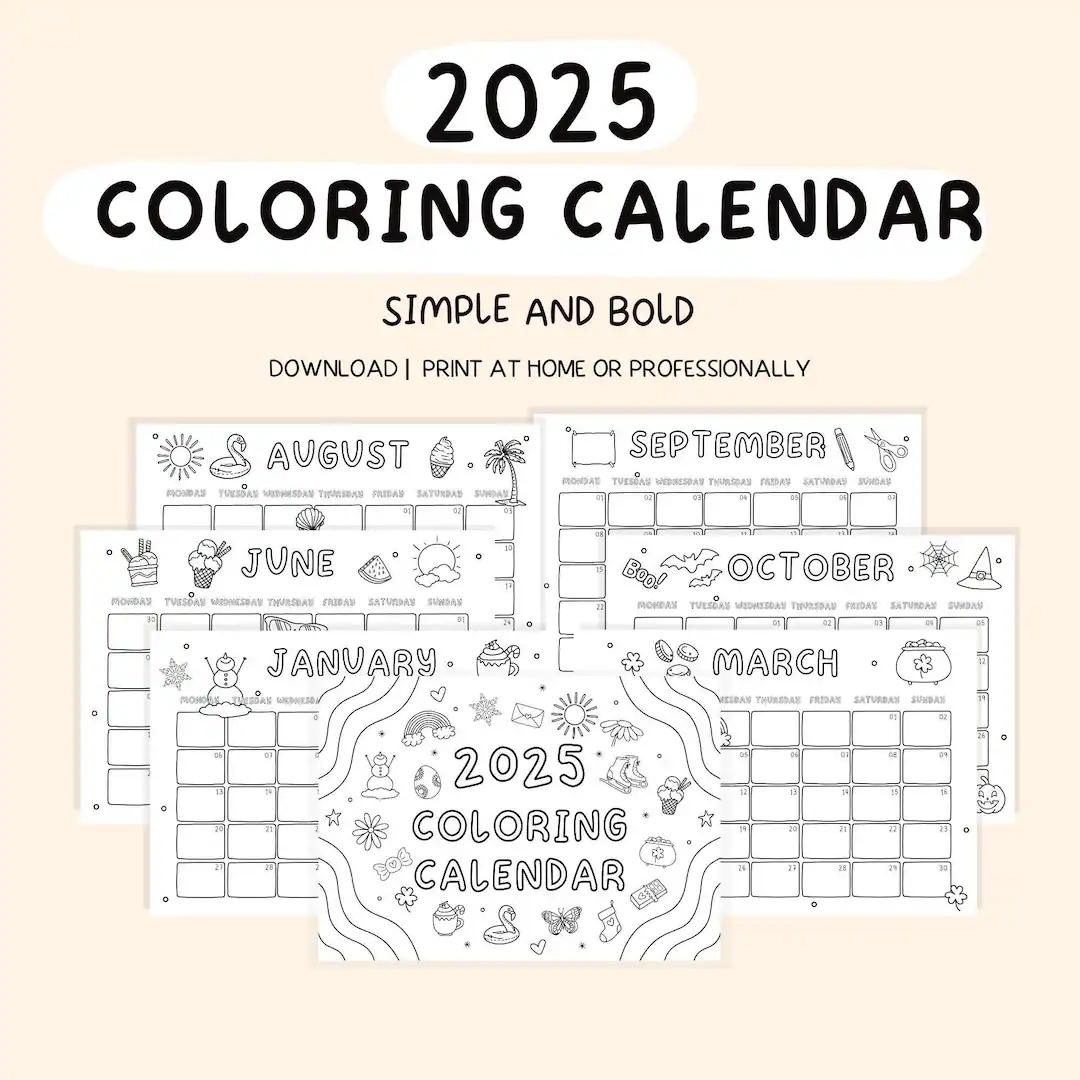 2025 Coloring Calendar Kids Calendar 2025 Monthly Planner Printable Calendar Color My Own Calendar 2025 Calendar Etsy