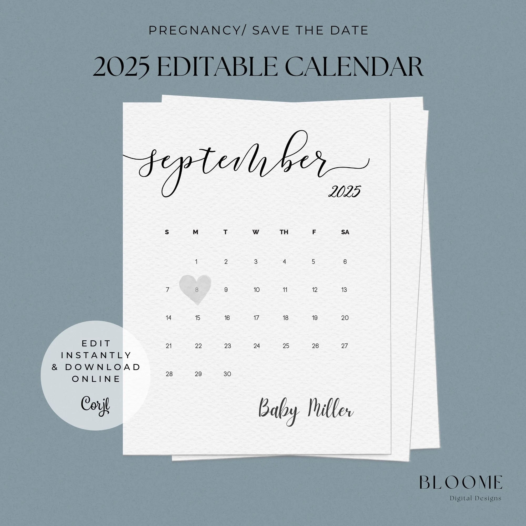 2025 Editable Calendar Instant Download Pregnancy Announcement Calendar Save The Date Calendar Etsy
