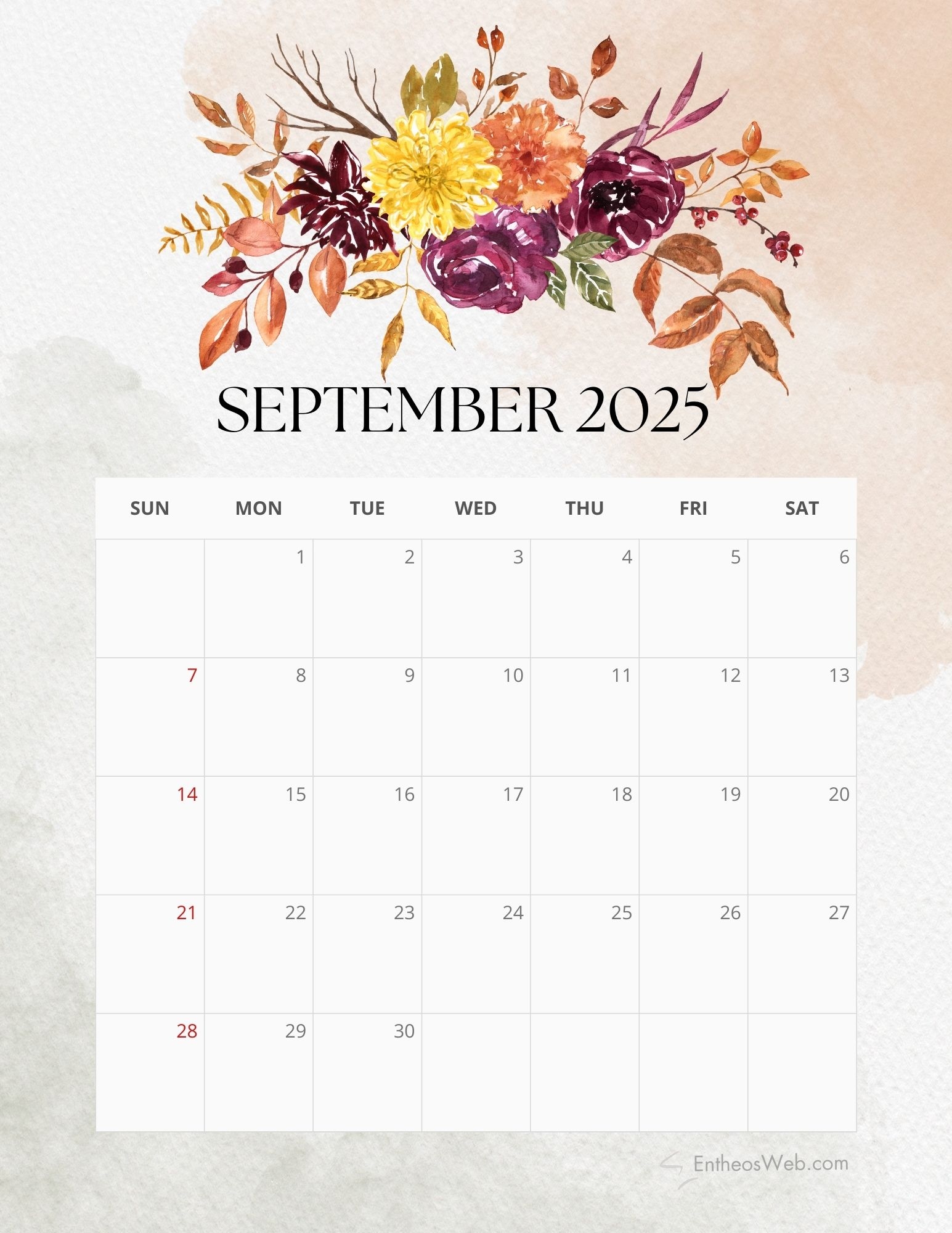 2025 Floral Monthly Calendar Free PDF Printable EntheosWeb