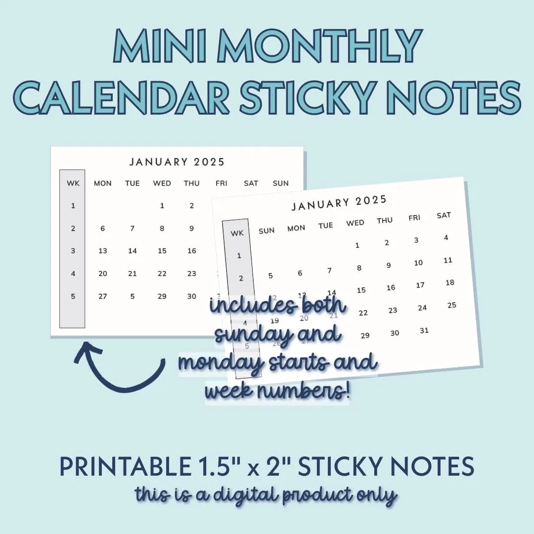 2025 Mini Monthly Calendars Printable Sticky Notes Print At Home PDF Download Includes Both Sunday And Monday Start And Week Numbers Etsy