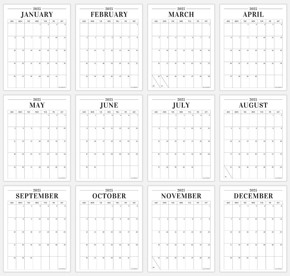 2025 Minimal Calendar Printable Vertical Horizontal JellyMemos