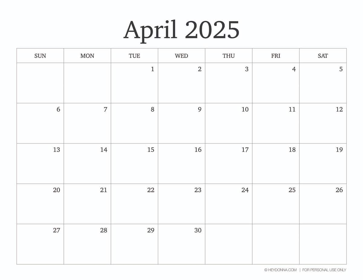 2025 Printable April Calendar FREE Hey Donna 