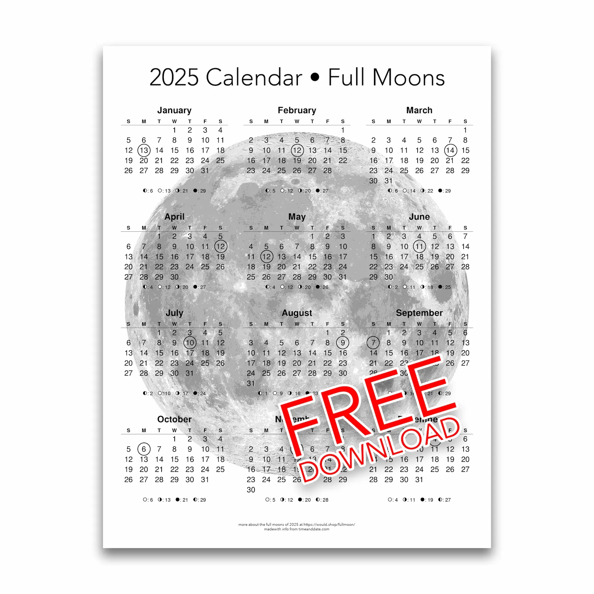 Free Printable Moon Phase Calendar 2025