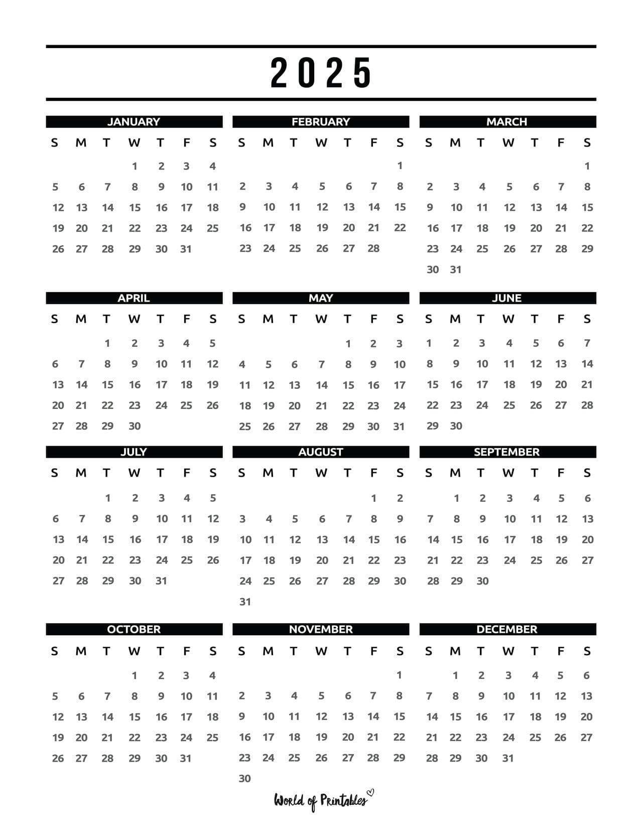 2025 1 Year Calendar Printable