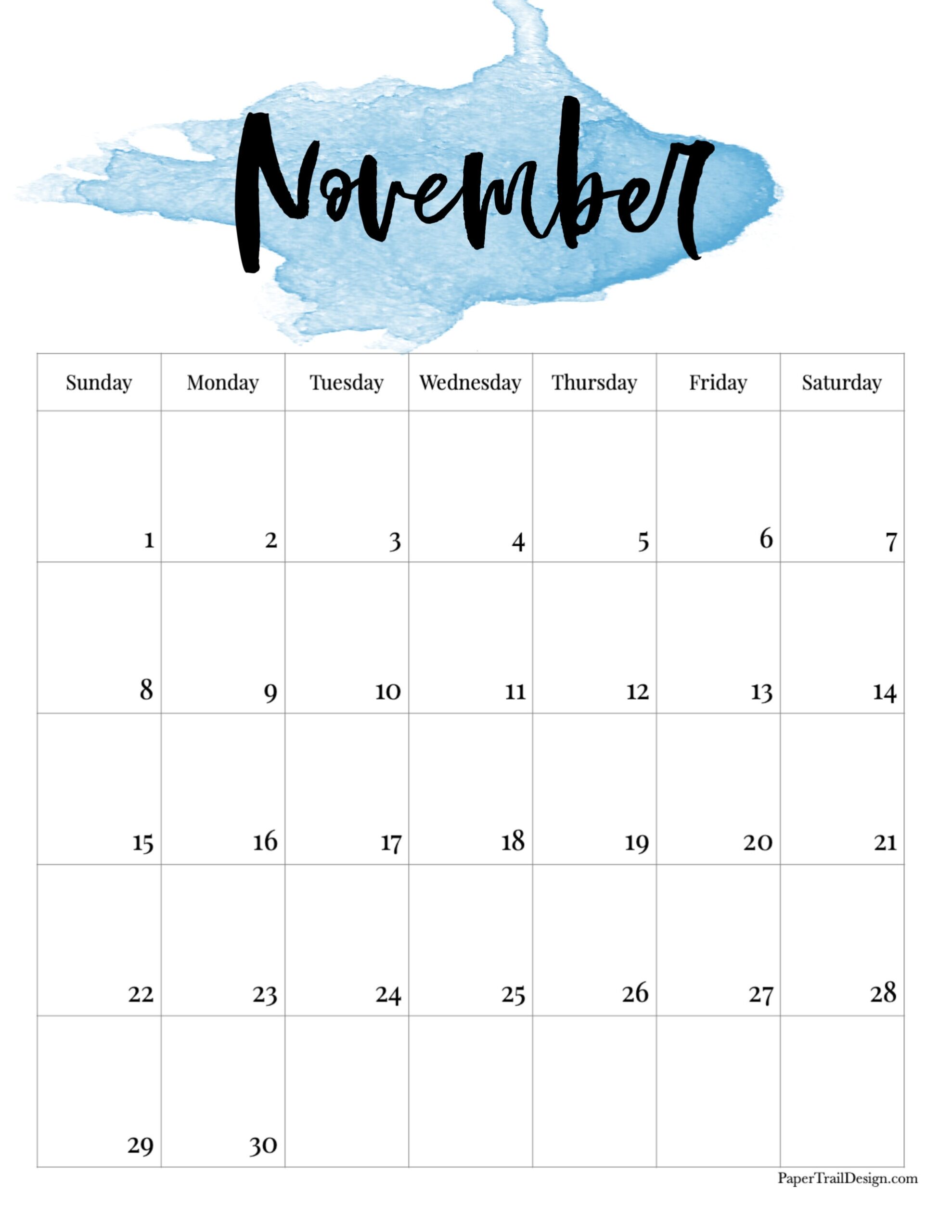 Blank Monthly Calendar November 2026 Printable