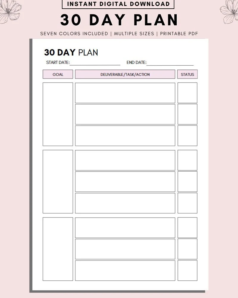 30 Day Plan Template 30 Day Printable Planner Countdown Calendar Fitness Journal Self Improvement Weight Loss Challenge Etsy