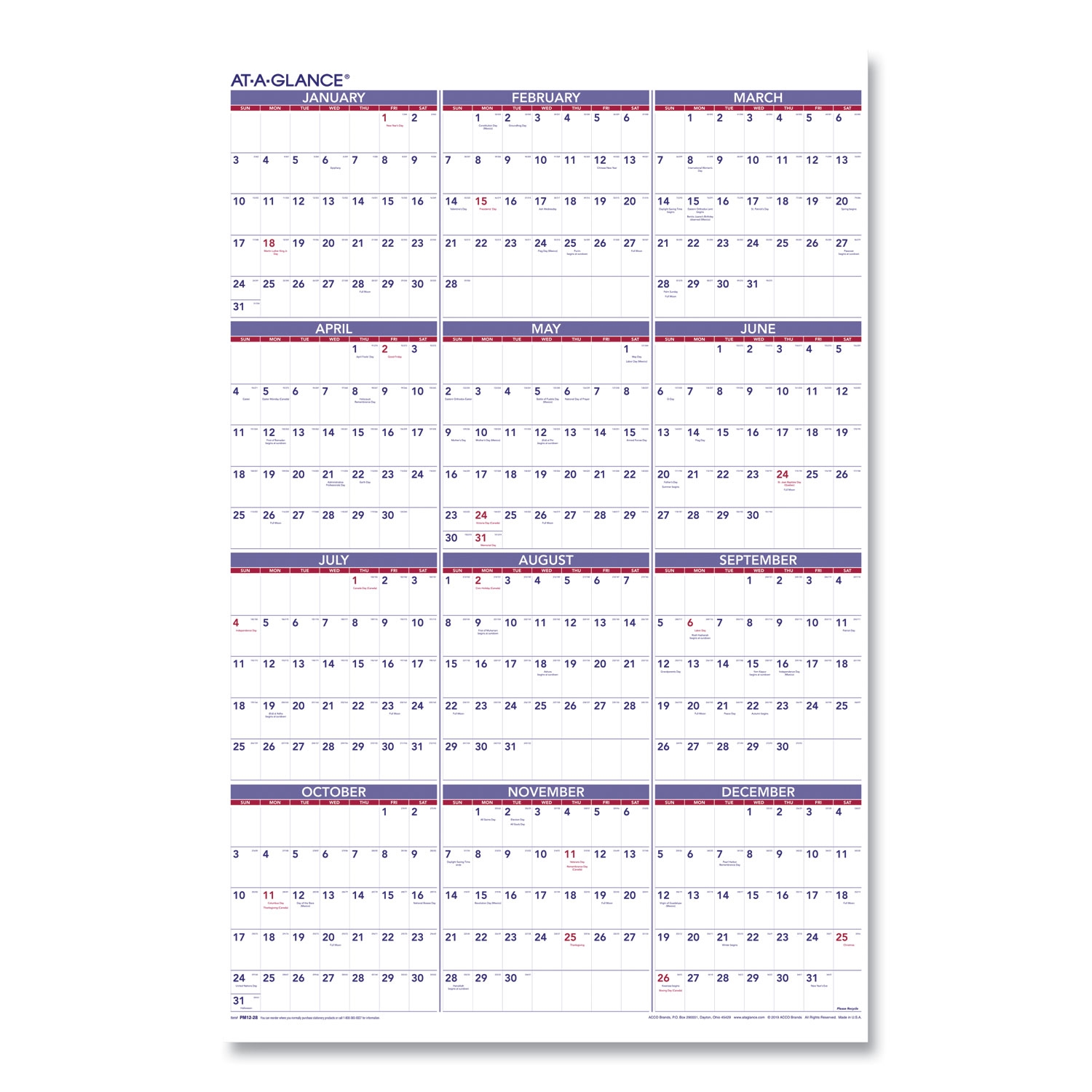 AAG PM1228 AT A GLANCE Yearly Wall Calendar AAGPM1228
