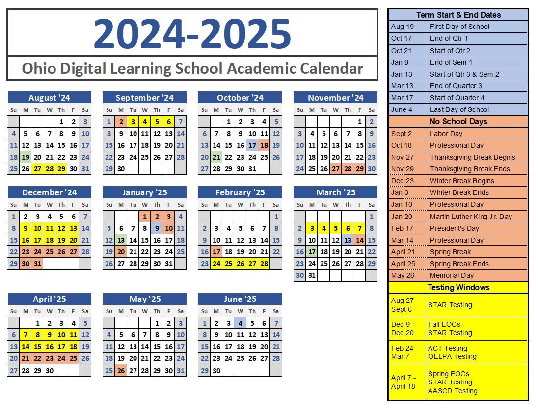 Academic Calendar OHIO DIGITAL LEARNING SCHOOL Academic Calendar OHIO DIGITAL LEARNING SCHOOL