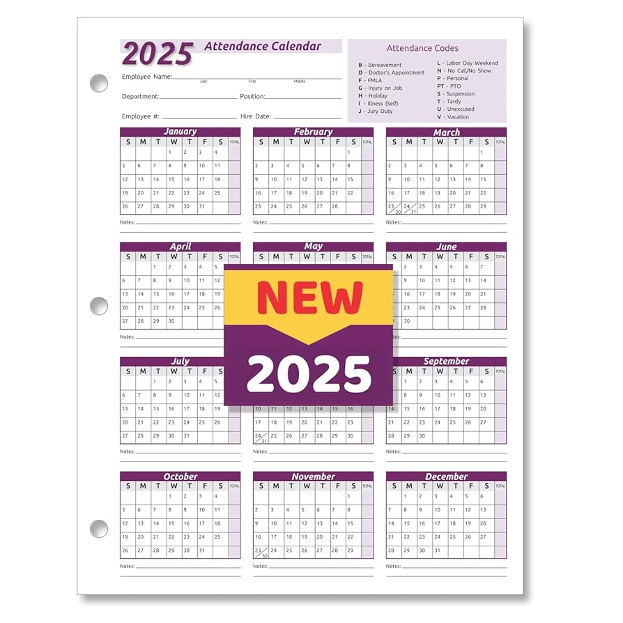 Amazon 2025 Work Tracker Attendance Calendar Cards 8 X 11 Cardstock Pack Of 25 Sheets Office Products