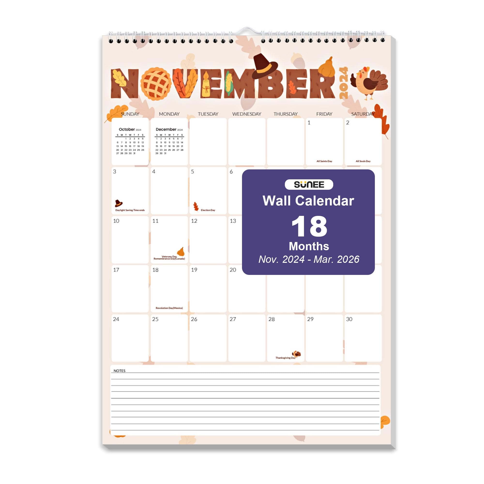 Amazon SUNEE Calendar 2025 18 Months Wall Calendar Oct 2024 Mar 2026 12 x17 Big Hanging Calendar With Note Past Month And Next Month For Organizing Planning Cute Office Products