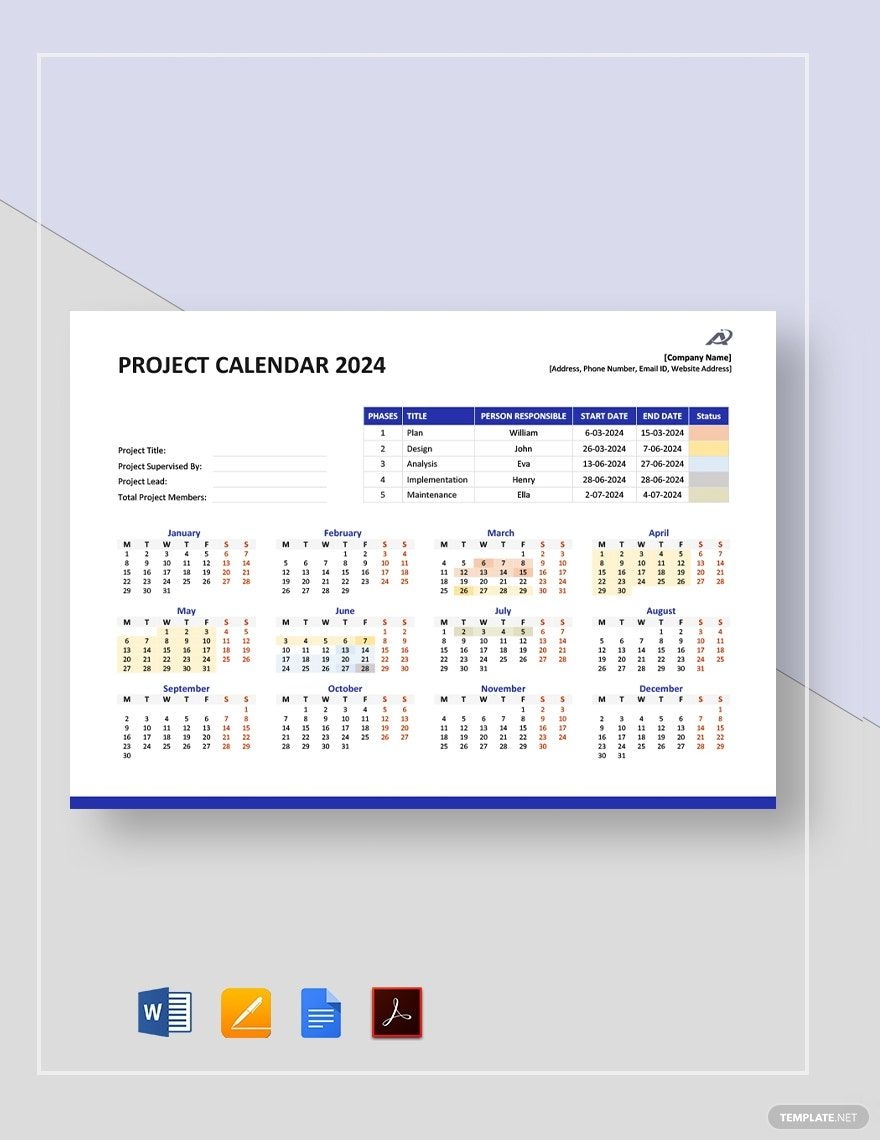 Annual Project Calendar Printable
