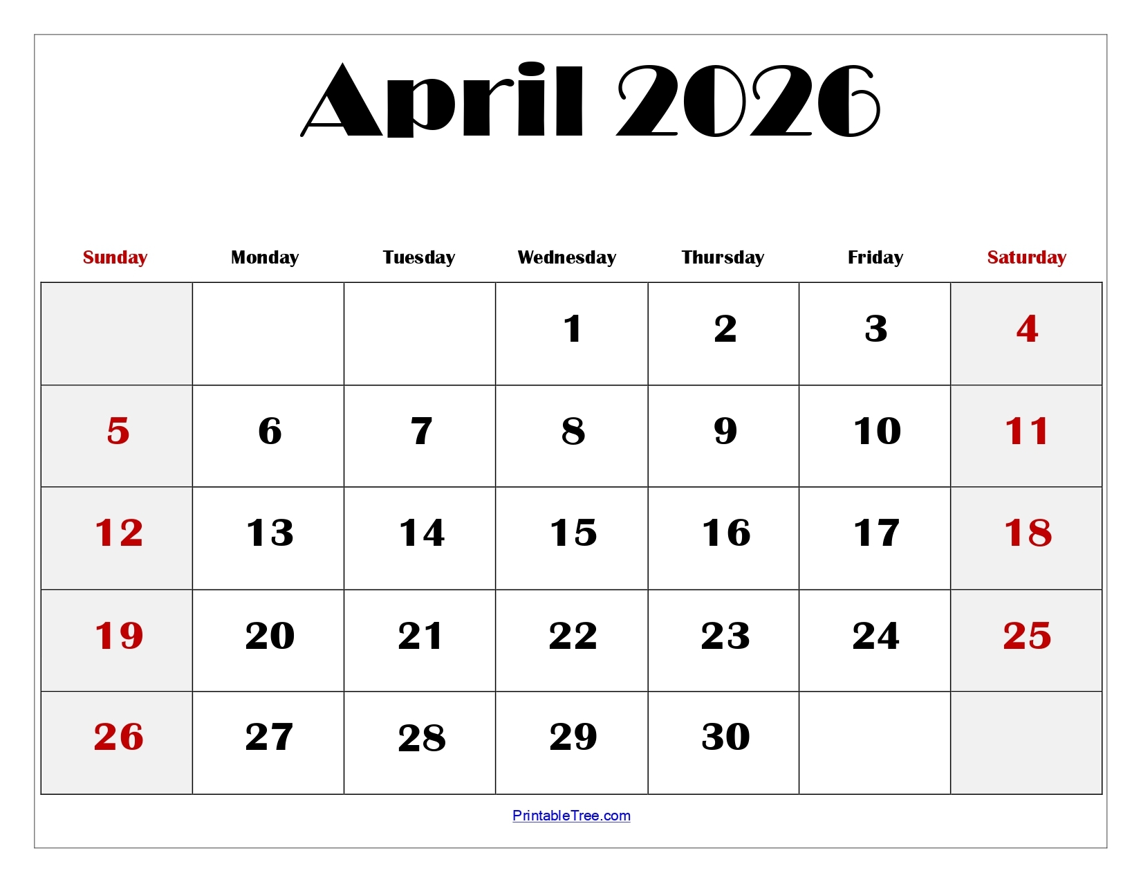 Printable Monthly Calendar April 2026
