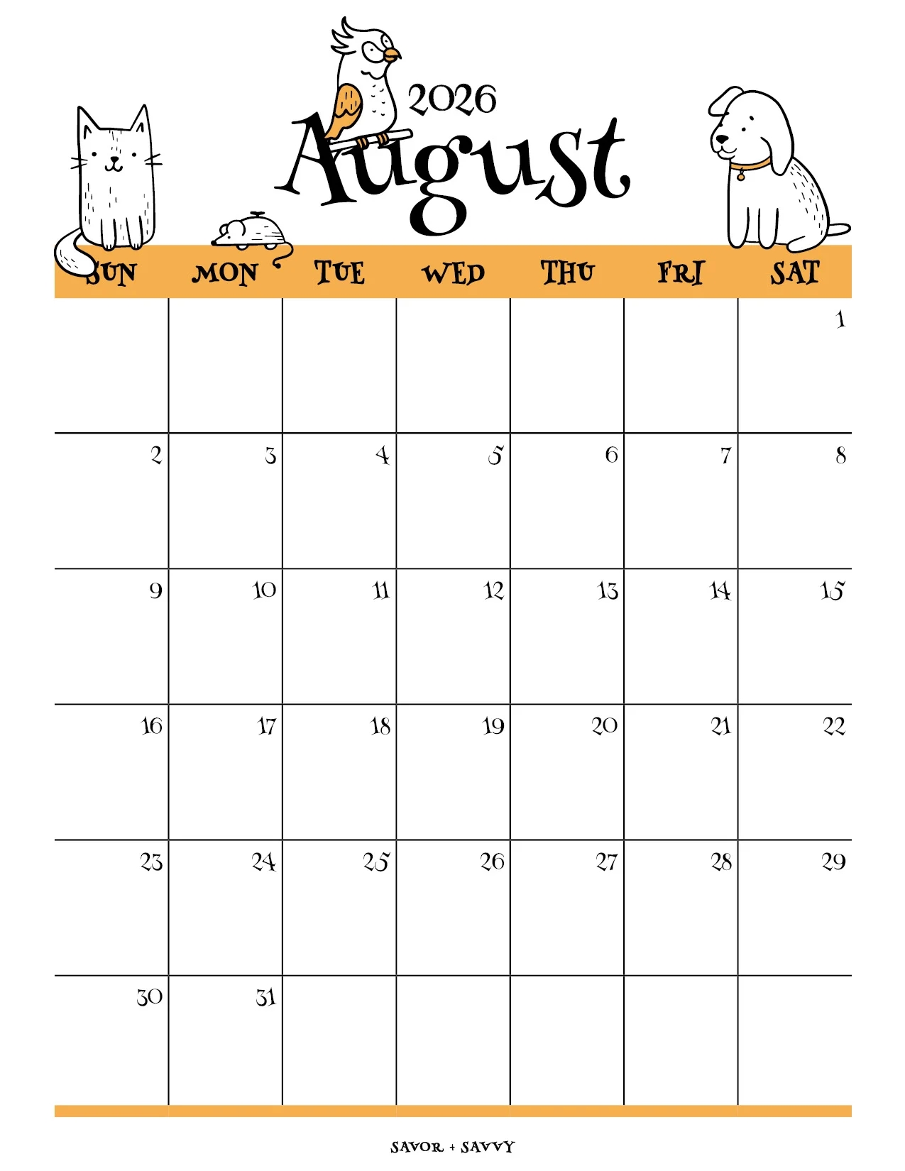 August 2026 Calendar Templates 14 Free Printables Savor Savvy