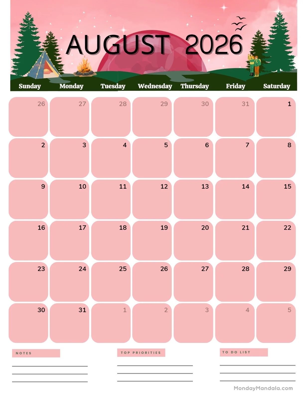 Cute Printable August 2026 Calendar
