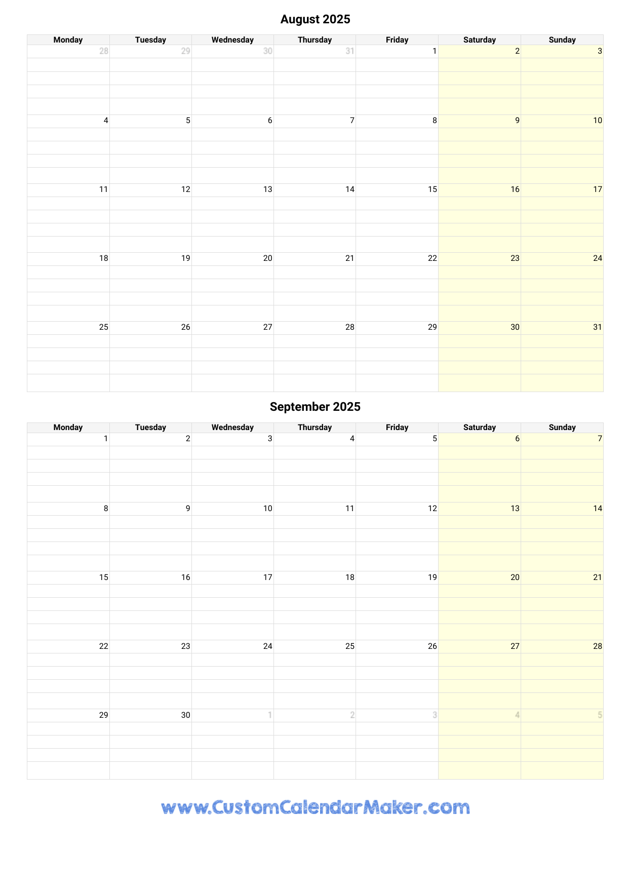 August And September 2025 Calendar Custom Calendar Maker