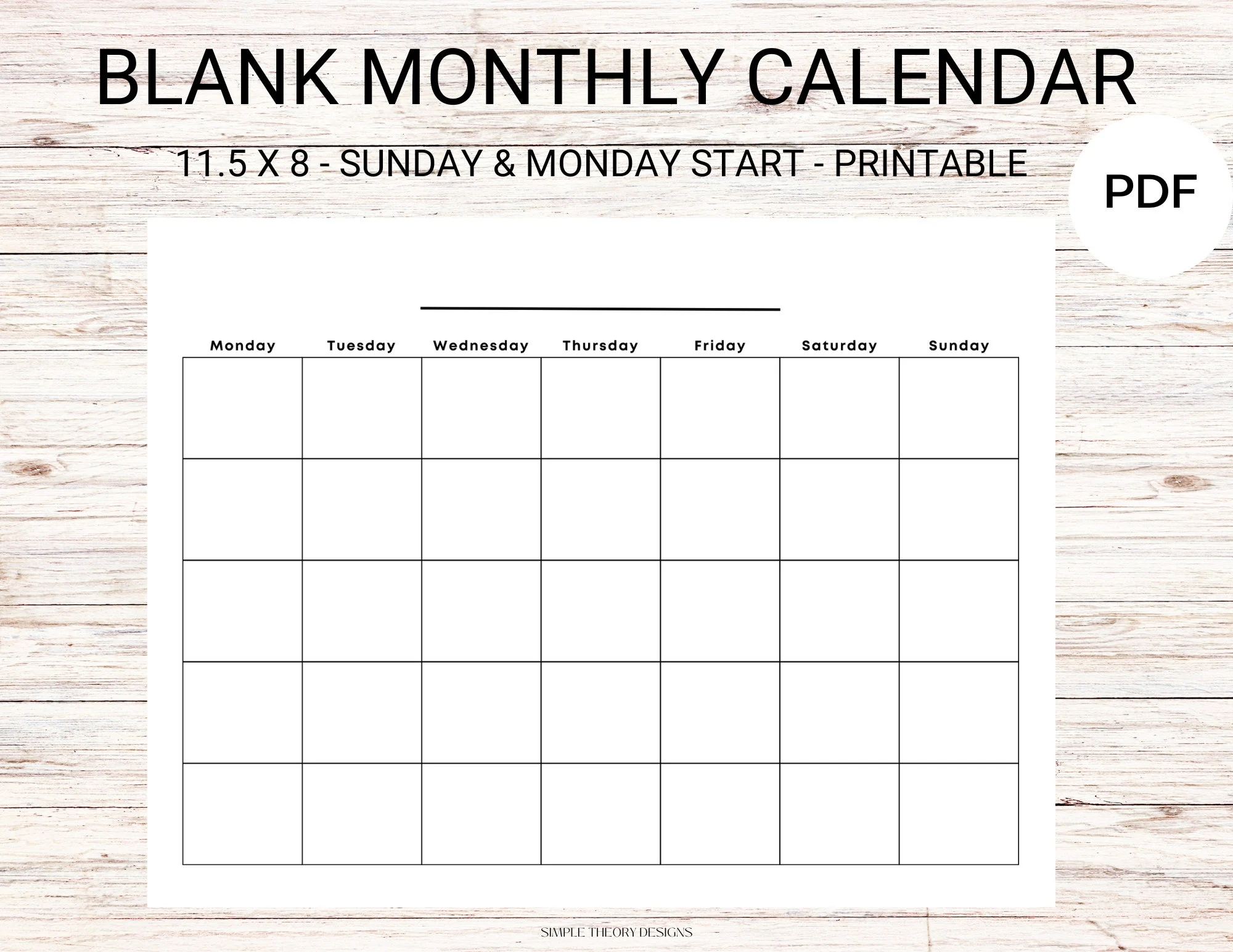 Blank Calendar Sunday Monday Start Monthly Minimalist Printable Template Etsy Blank Calendar Sunday Monday Start Monthly Minimalist Printable Template Etsy