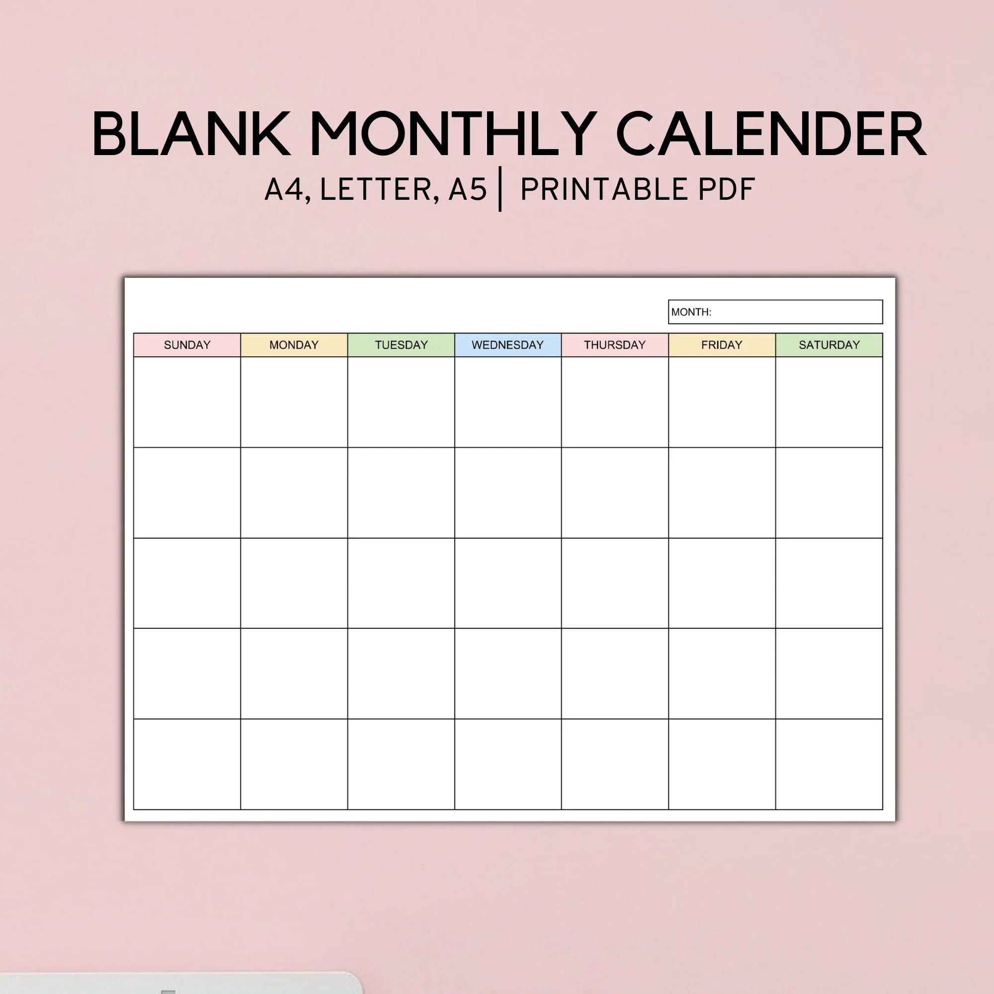 blank monthly calendar landscape printable minimalist calendar template a4 letter a5 etsy