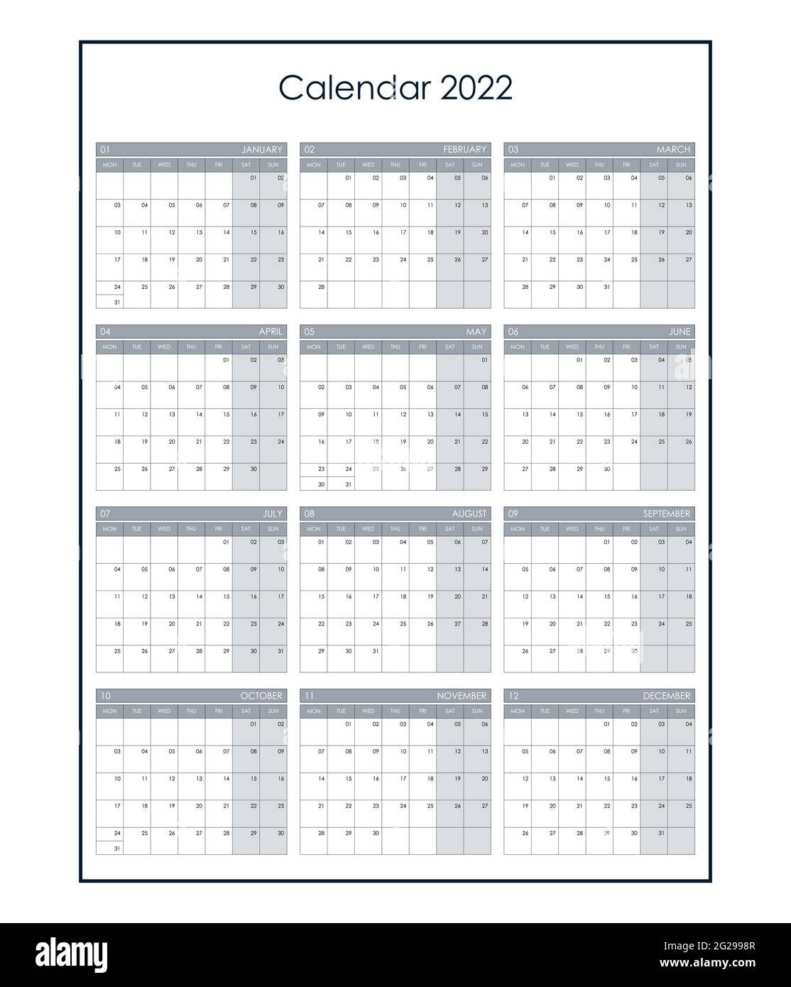Calendar 2022 Wall Planner With Free Space For Notes Vertical Layout Template With 12 Months On One Page Week Starts From Monday English Language Stock Vector Image Art Alamy