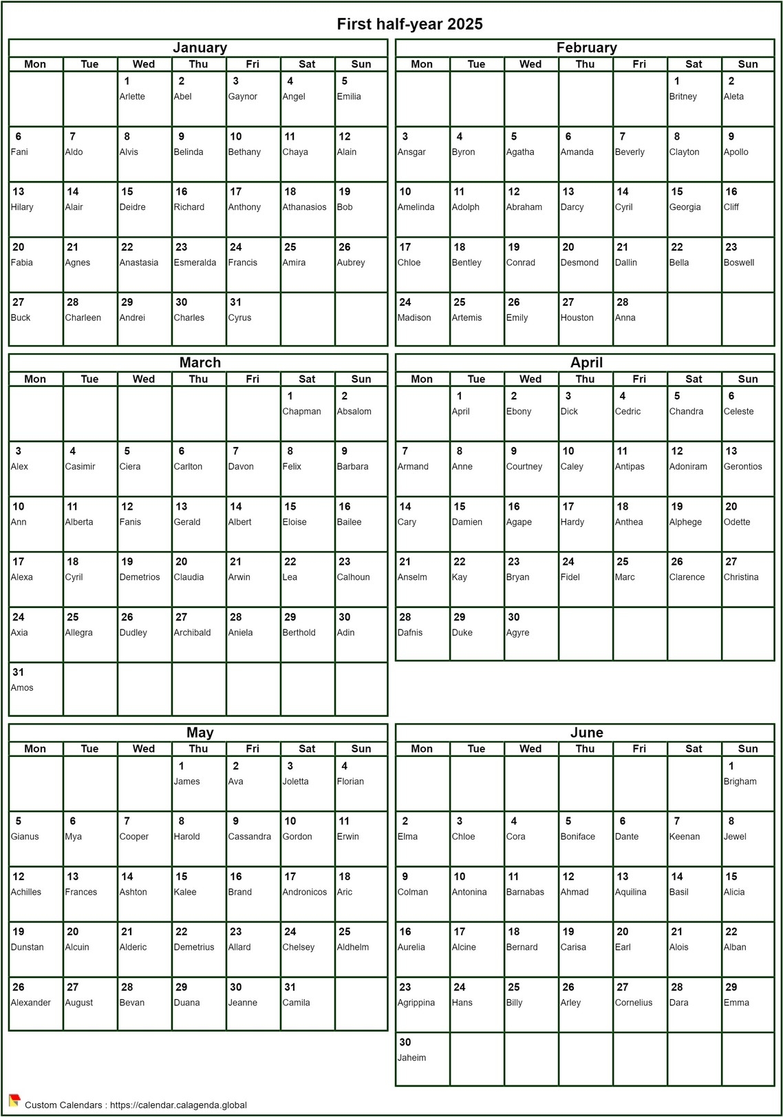 Calendar 2025 To Print Half year Format Portrait