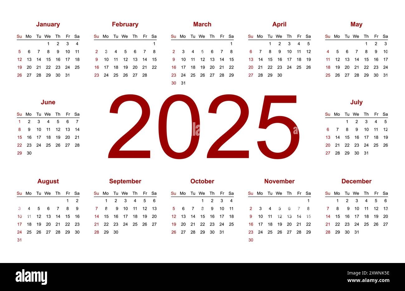 Calendar Template For 2025 Year Week Starts From Sunday Isolated Vector Illustration On White Background Stock Vector Image Art Alamy