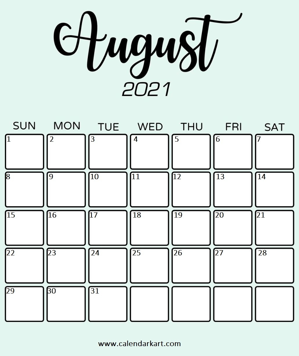Calendarkart Free Printable August 2021 Calendars 7 Designs