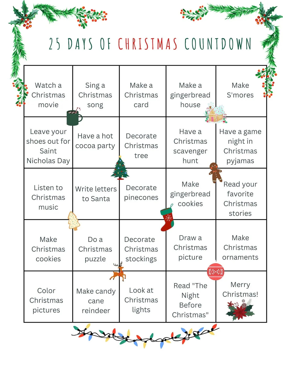 Christmas Countdown Calendar Advent Calendar 25 Days Of Christmas Printable Digital Download Etsy
