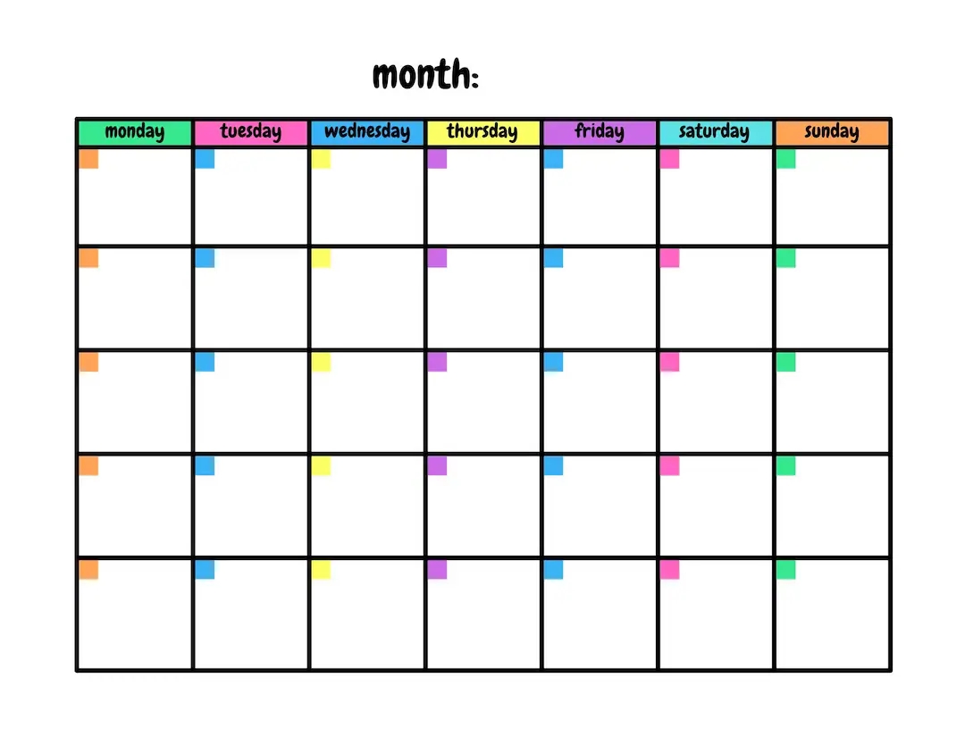 Colourful Blank Calendar Template 11 X 8 5 Inches Horizontal Printable Calendar Page PDF Printable Instant Download Etsy