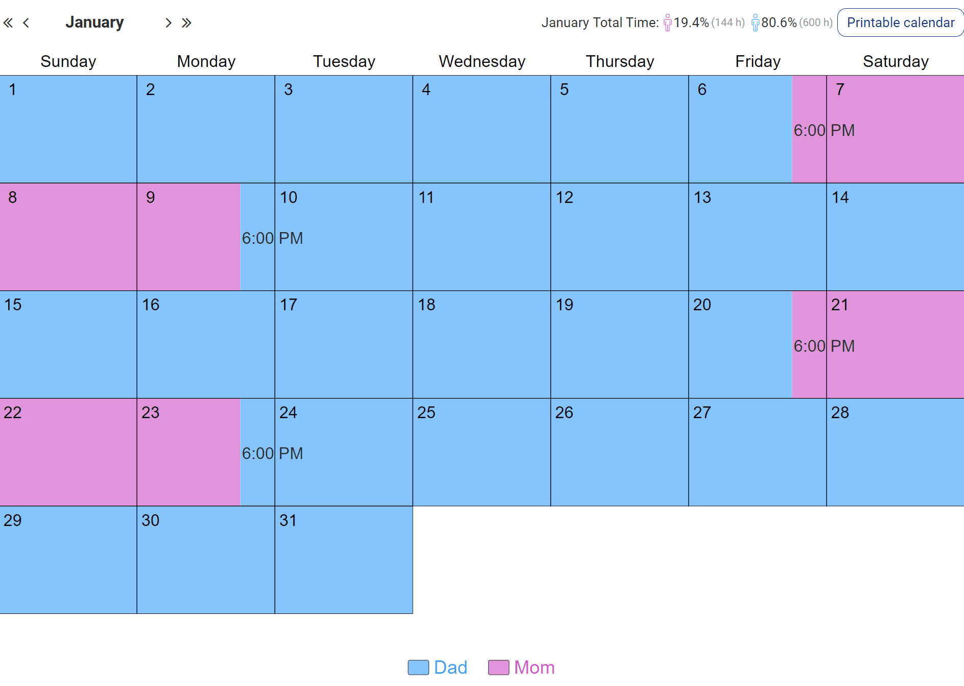 Common Custody Schedule Samples Timeshare Percentages