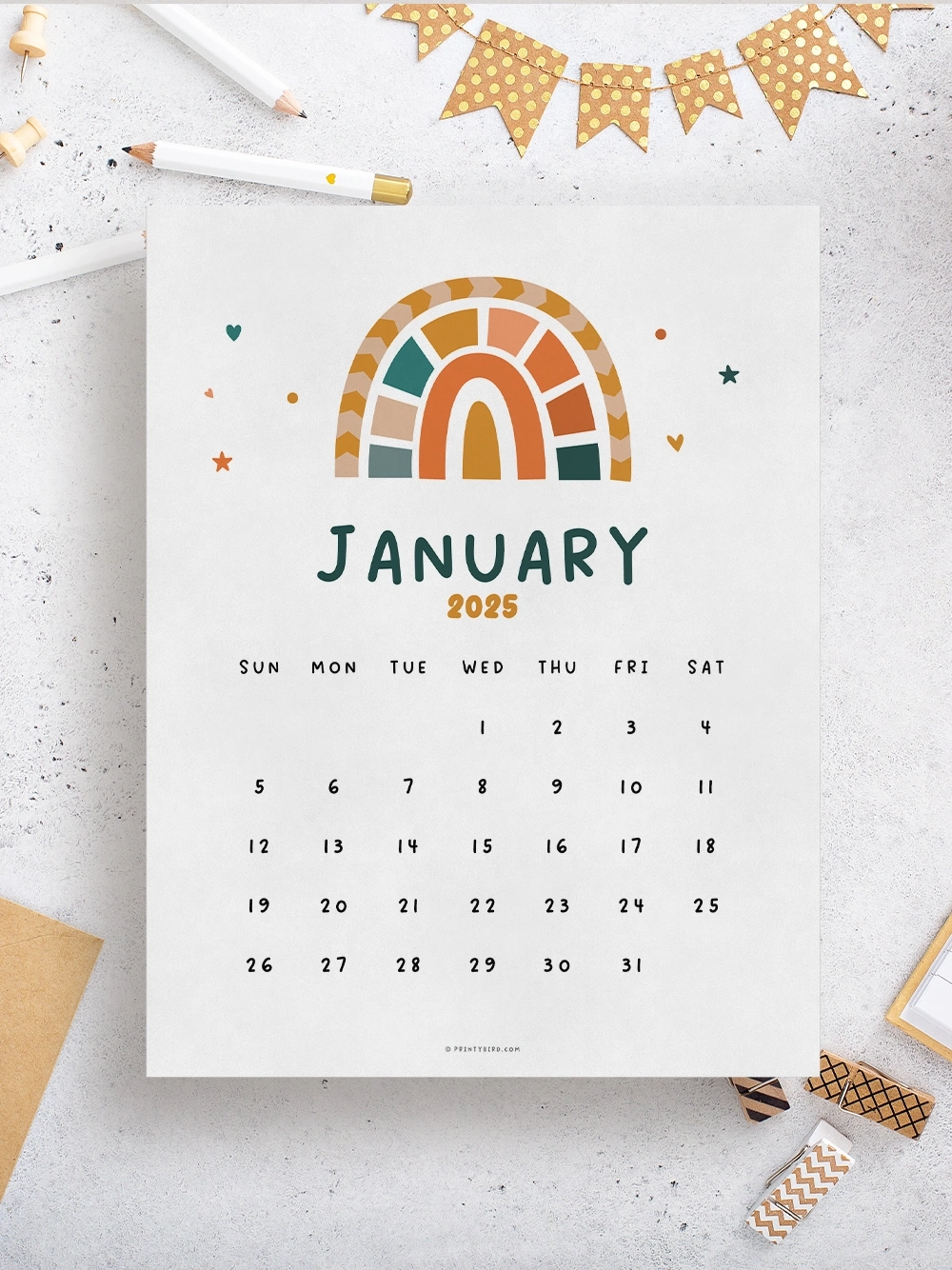 Cute Boho Rainbow Calendar 2025 PrintyBird