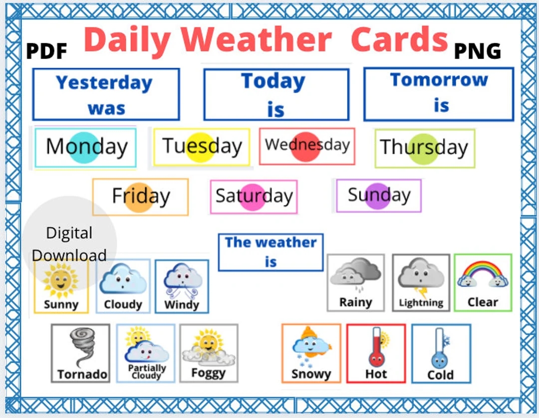 Days Of Week And Weather Calendar Cards Digital Download Calendar Weather Flash Cards Visual Chart Preschool Etsy