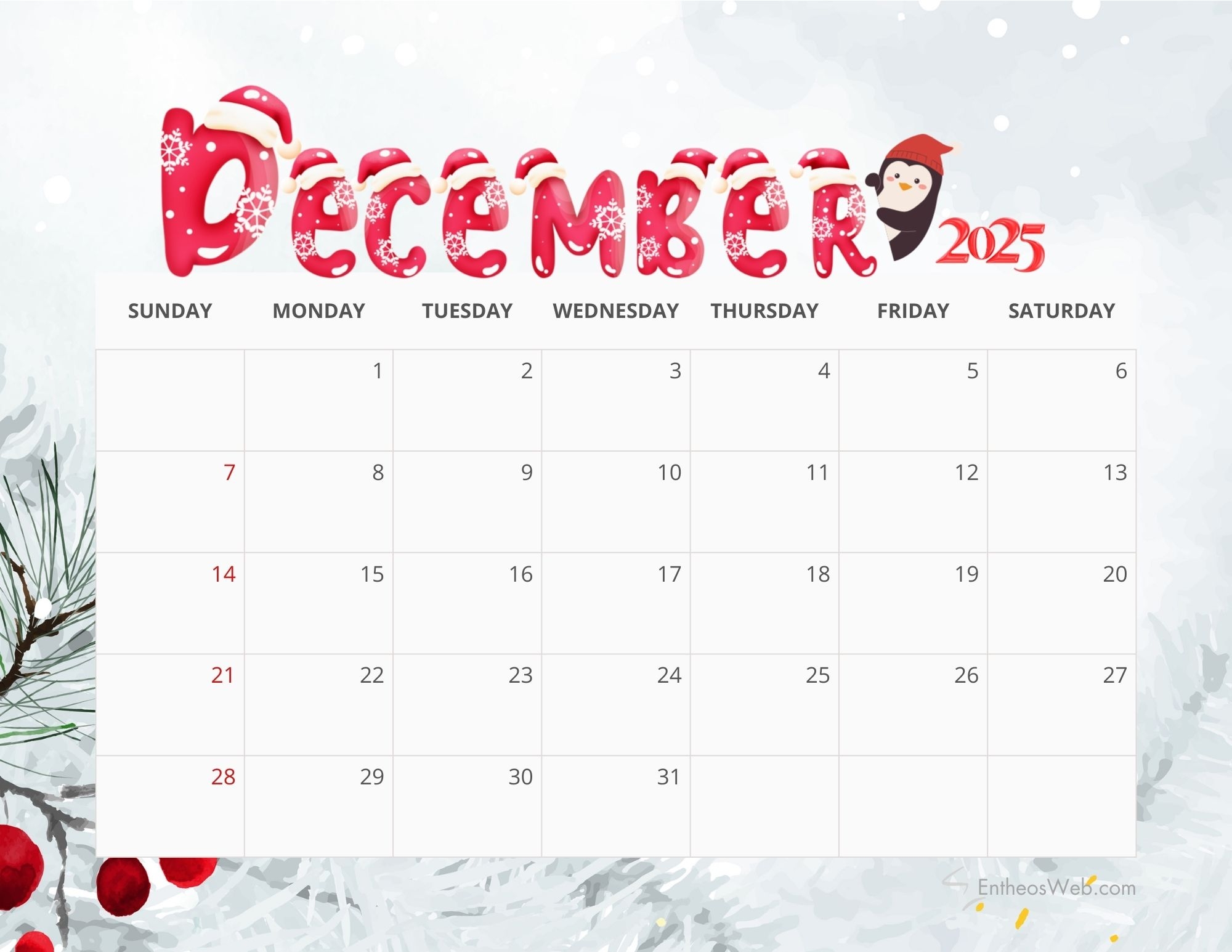 Free Printable Monthly Calendar Dec 2025 Free Printable Monthly Calendar Dec 2025