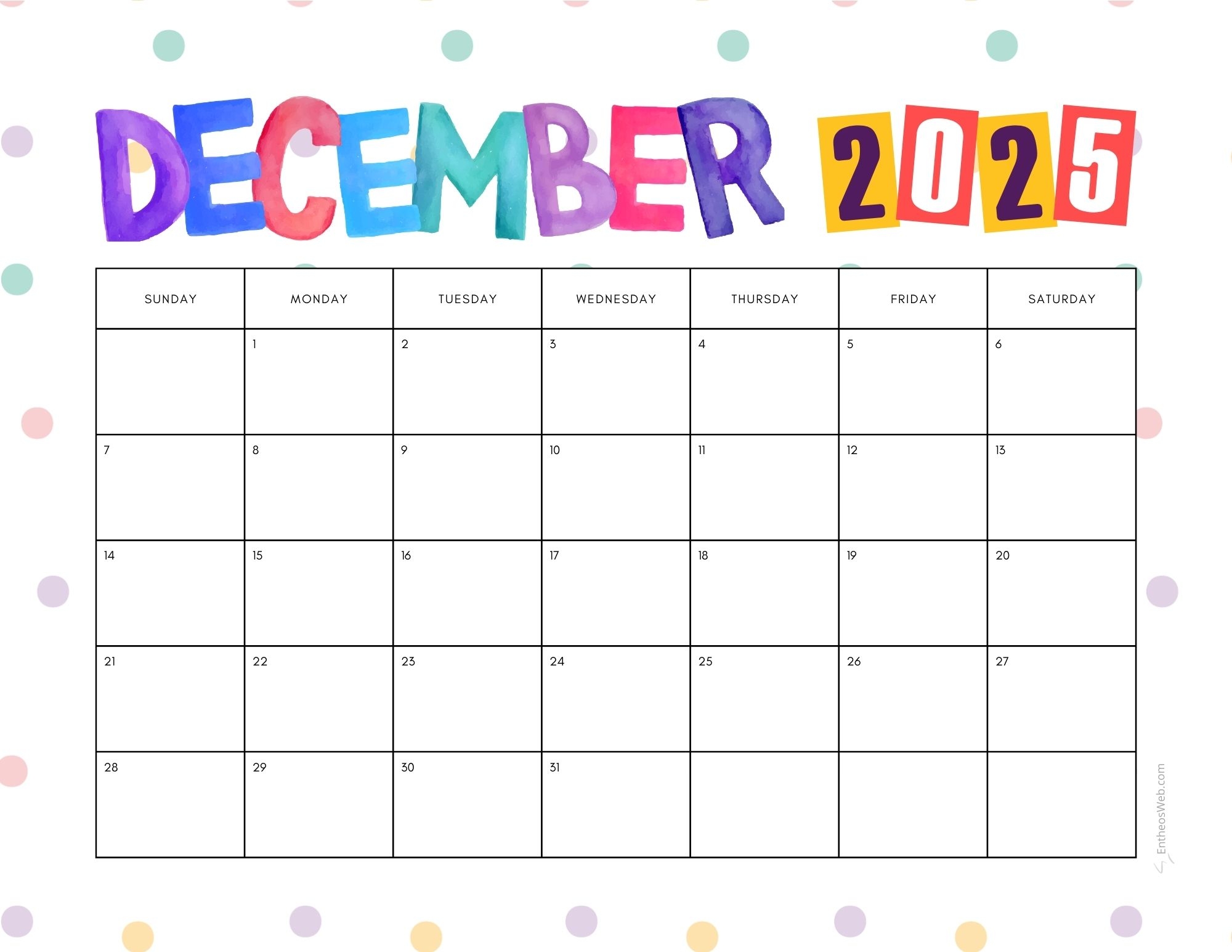 December 2025 Calendar Printables EntheosWeb
