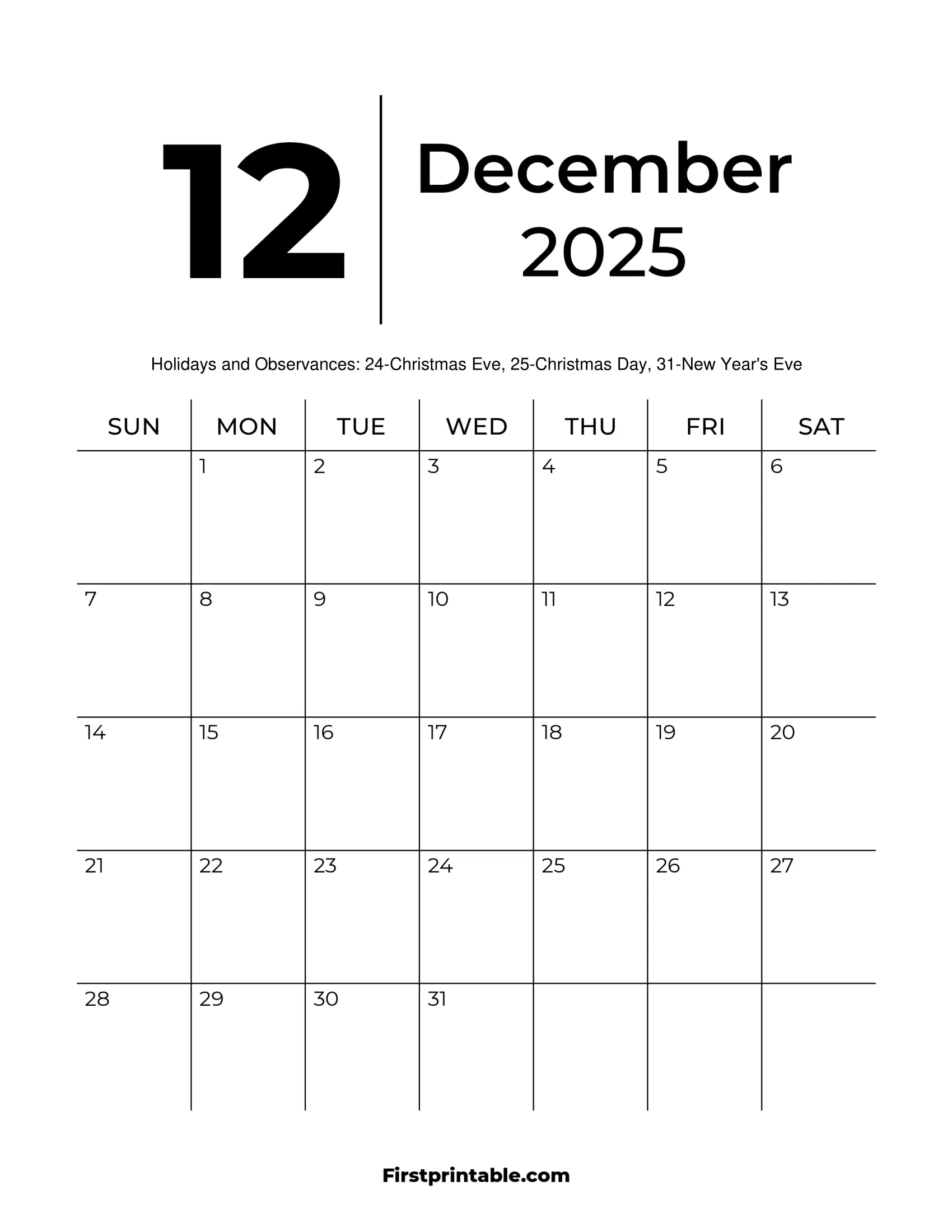 Printable December 2025 Calendar Word