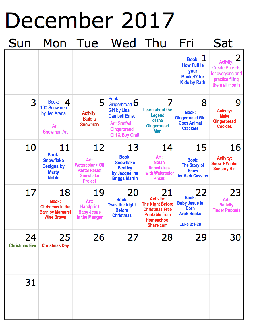 December s Homeschool Learning Calendar Free Printable The Masterpiece Studio HQ