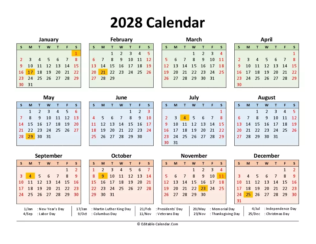 Download 2028 Calendar Printable With Us Holidays Weeks Start On Sunday