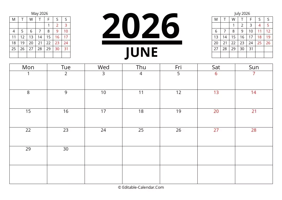 Download Editable Calendar June 2026 Monday Start